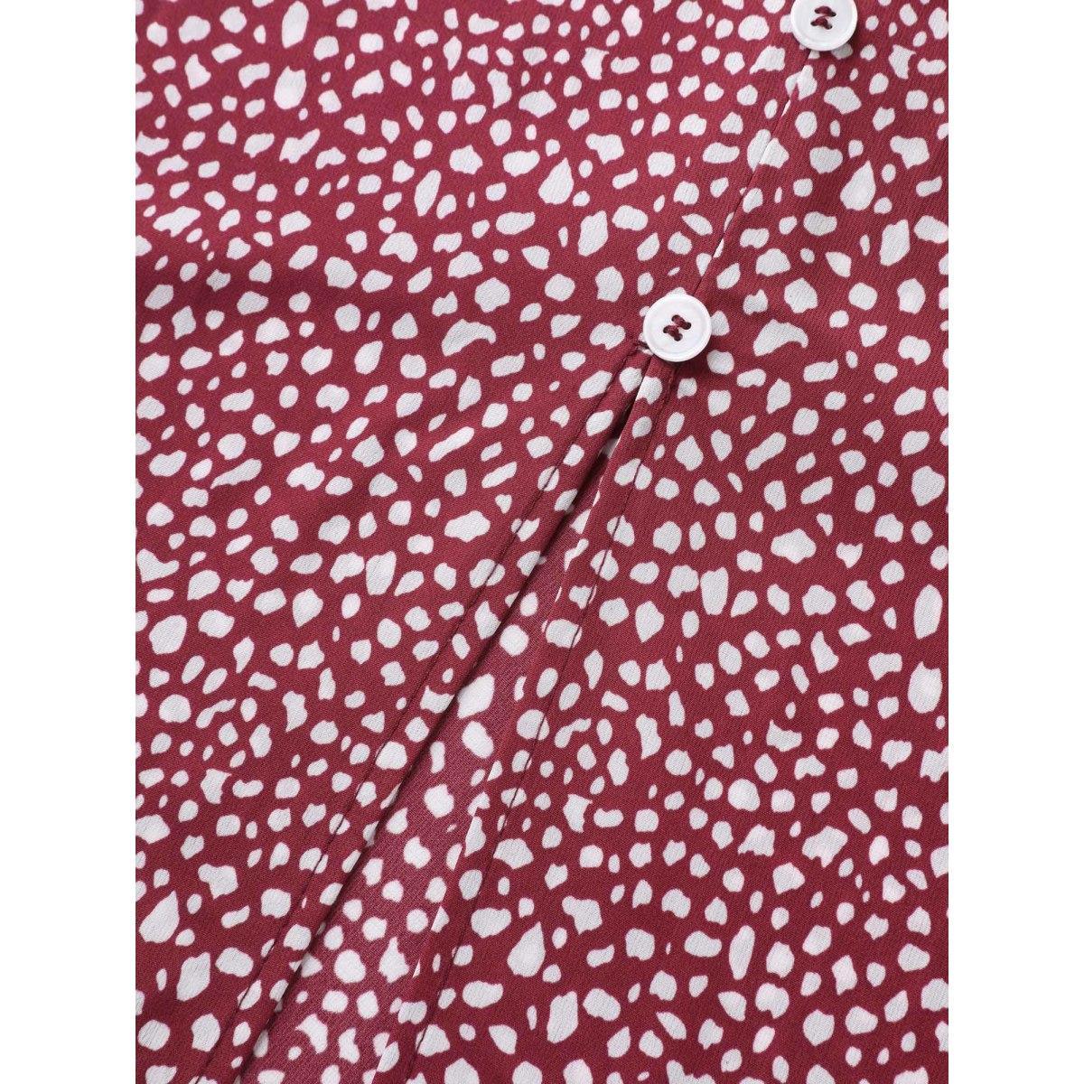 Plus Size Polka Dots Button Front Midi Dress Crimson Women Button V-neck Short sleeve Curvy BloomChic 26/4X Product Image