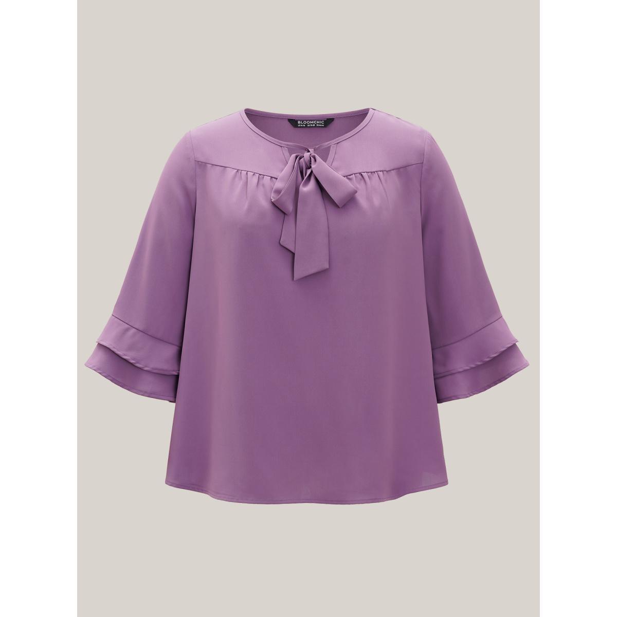 Plus Size Purple Solid Ribbon Tied Collar Bell Sleeve Blouse Women At the Office Elbow-length sleeve Ribbon-tied collar Work Blouses BloomChic 30/6X Product Image