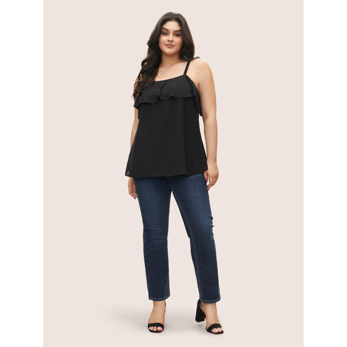 Plus Size Plain Adjustable Straps Ruffles Mesh Cami Top Women Black Elegant Ruffles One-shoulder neck Everyday Tank Tops Camis BloomChic 28/5X Product Image