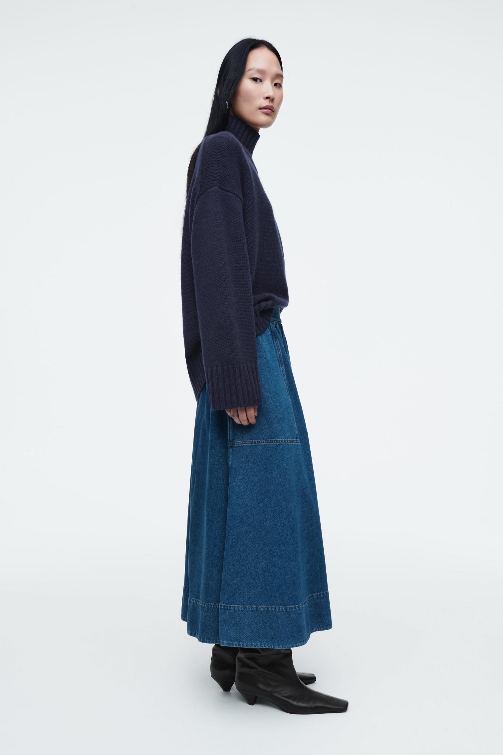 ELASTICATED DENIM MIDI SKIRT Product Image