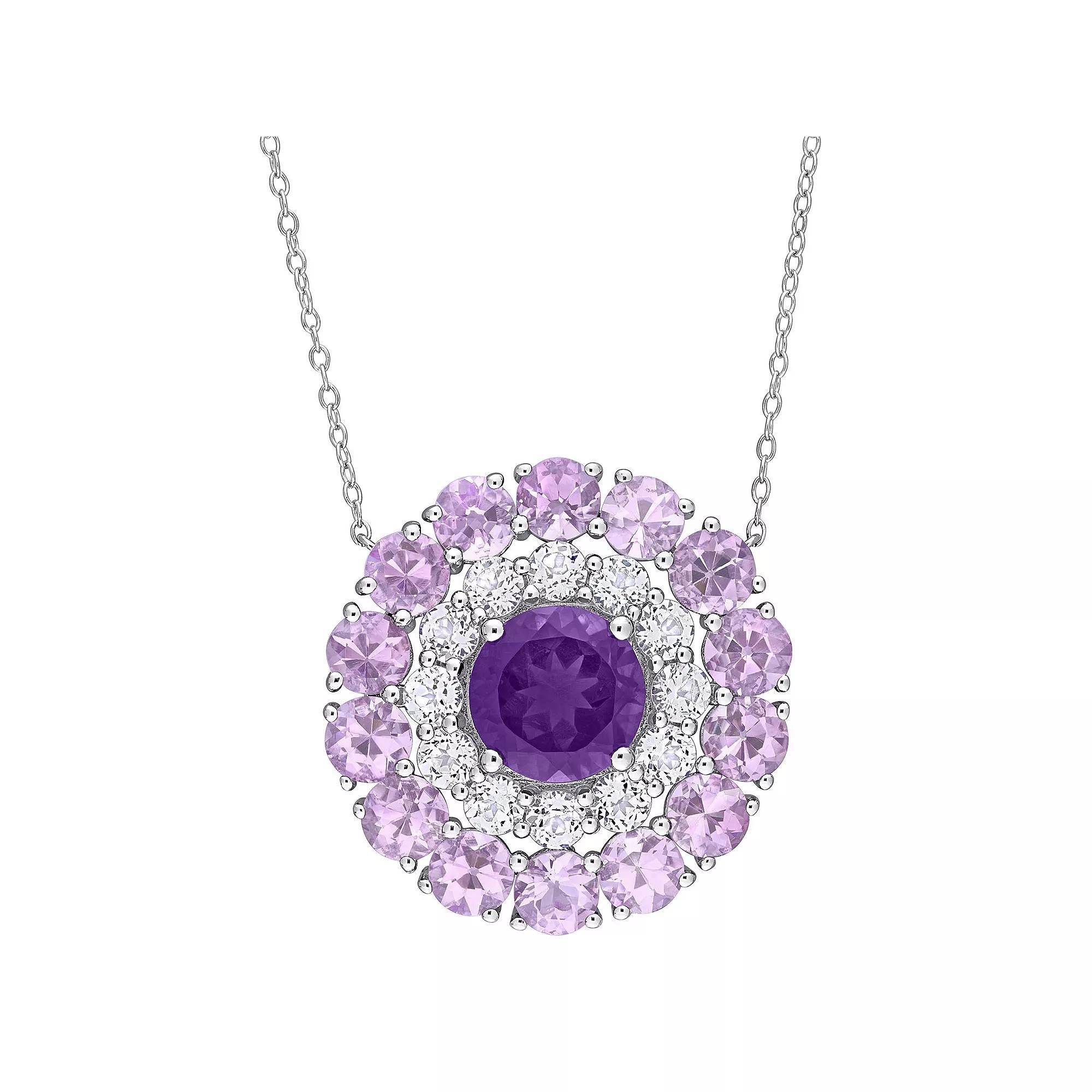 Stella Grace Sterling Silver African Amethyst & White Topaz Double Halo Circle Pendant Necklace, Women's, Size: 18" Product Image