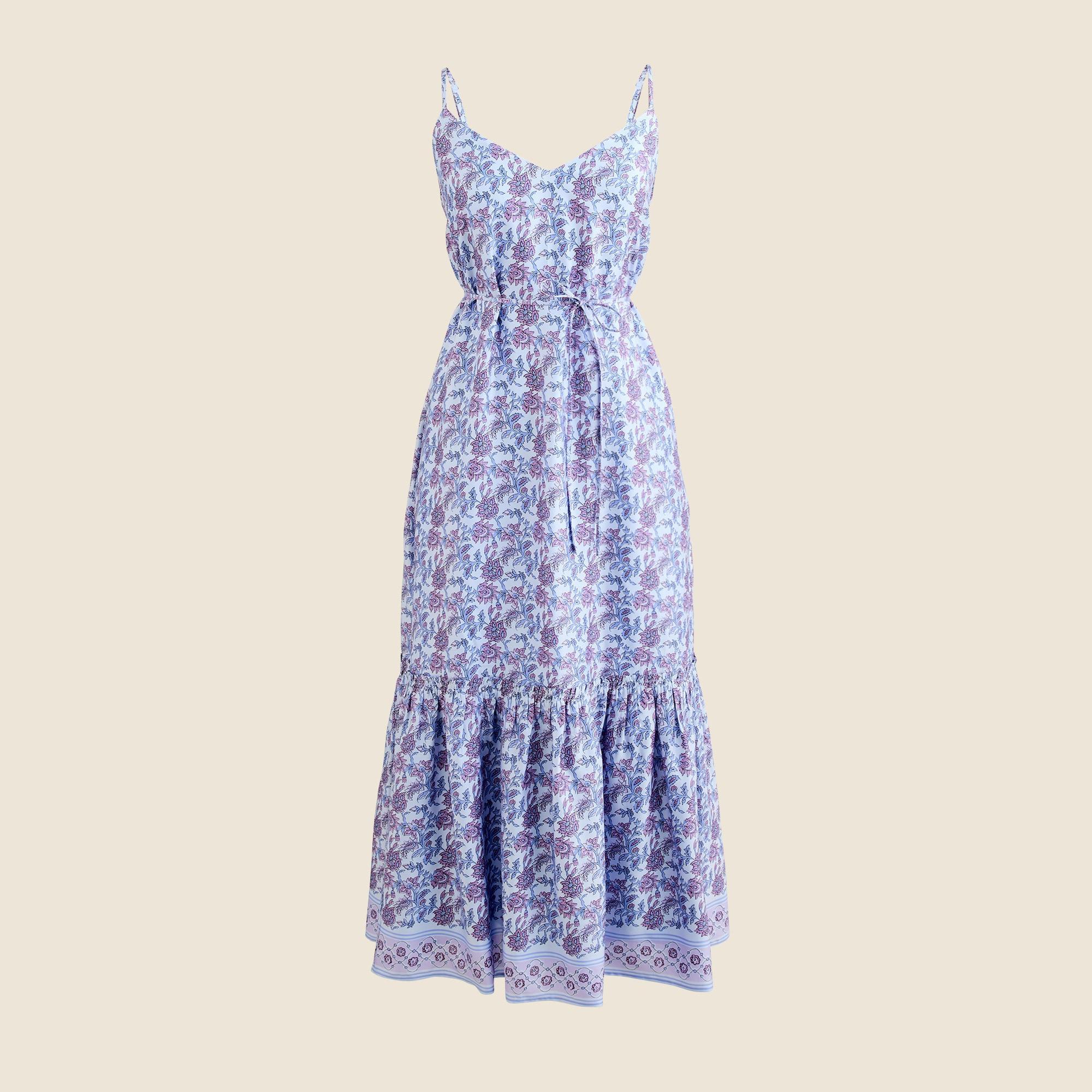 Tiered tie-waist dress in dusty periwinkle block print Product Image
