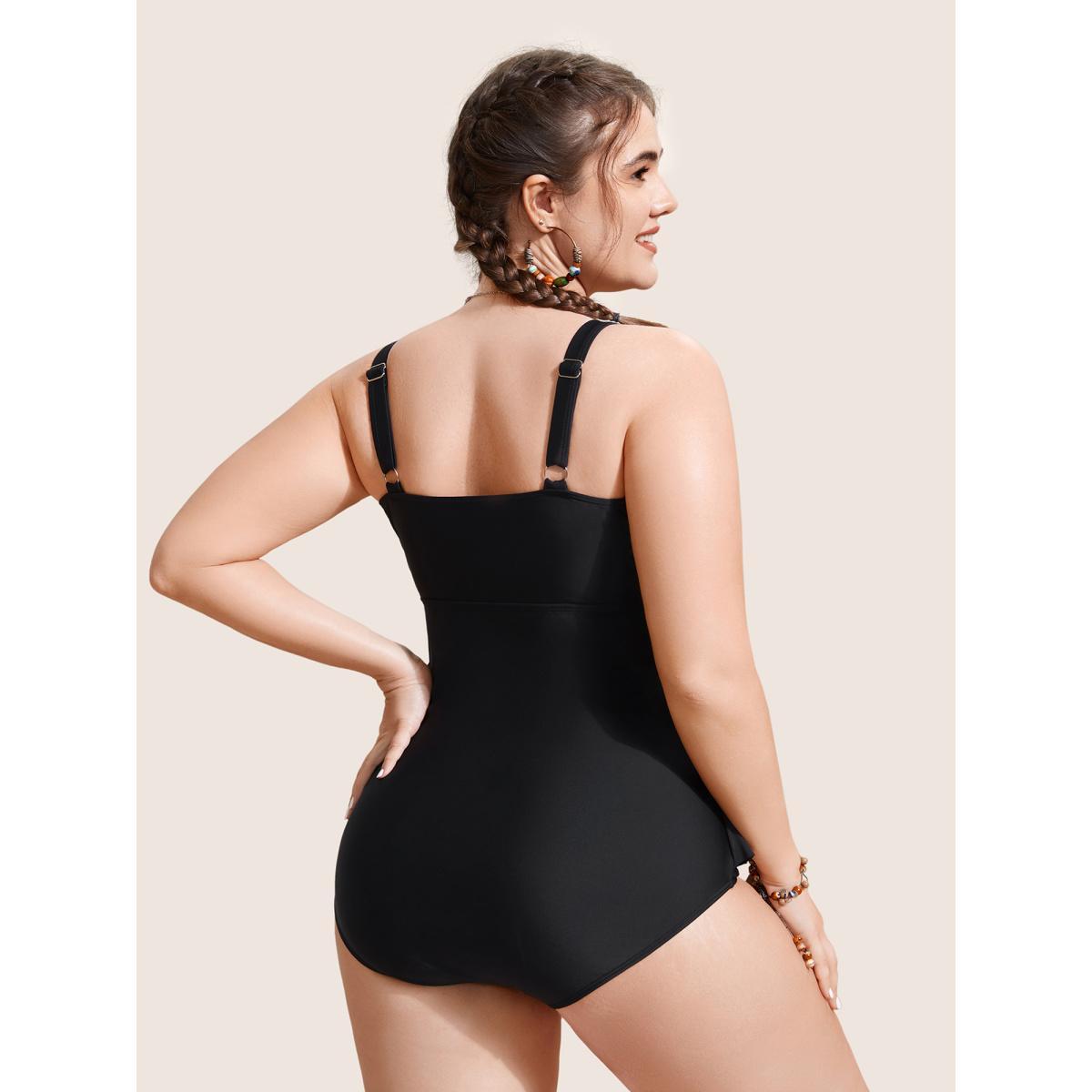 Plus Size Solid Tiered Ruffles Ruched One Piece Swimsuit Women's Swimwear Black Beach Gathered Curve Bathing Suits High stretch One Pieces BloomChic 14-16/1X Product Image