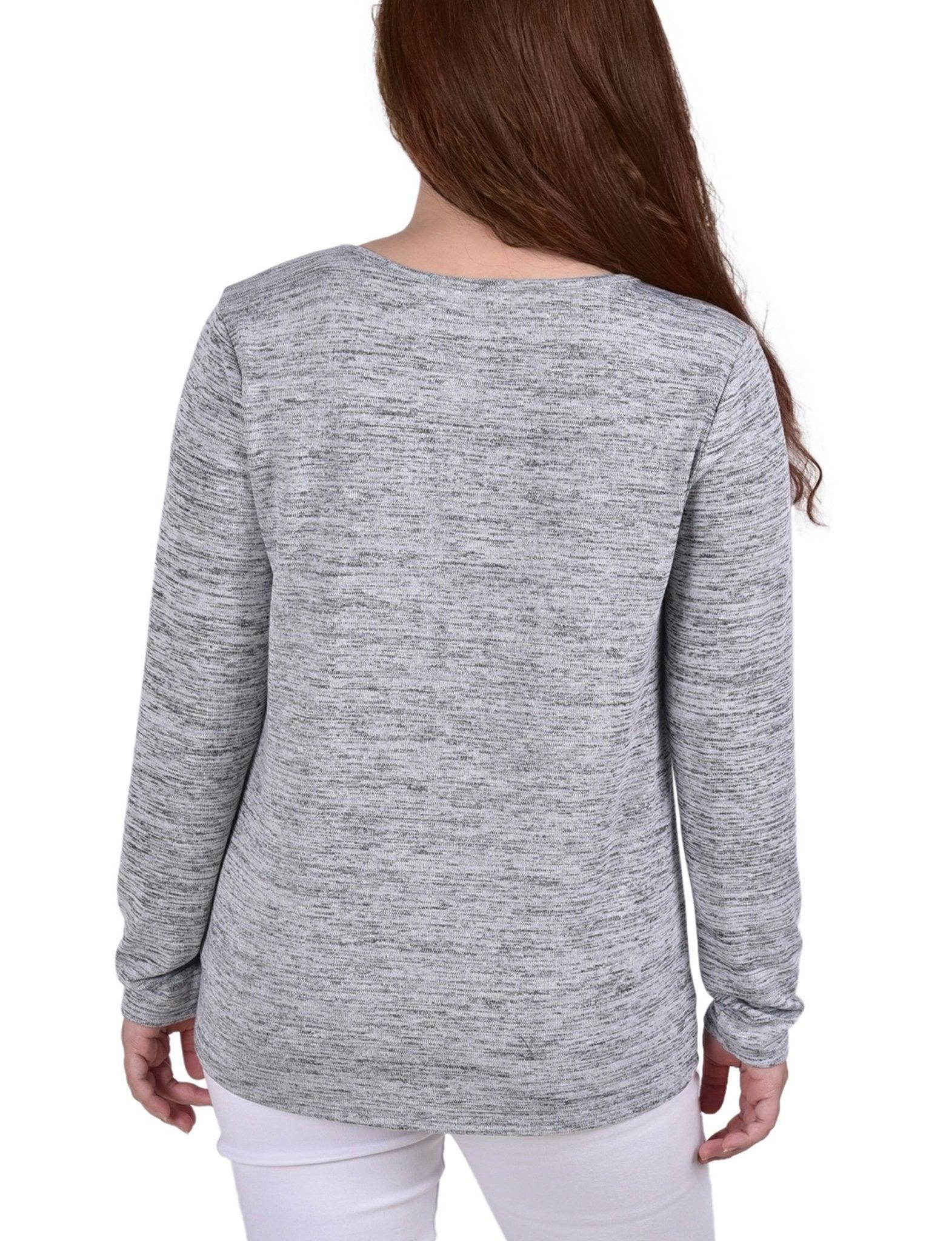 Light Grey Long Sleeve Knit Keyhole Top With Studs - Petite Product Image