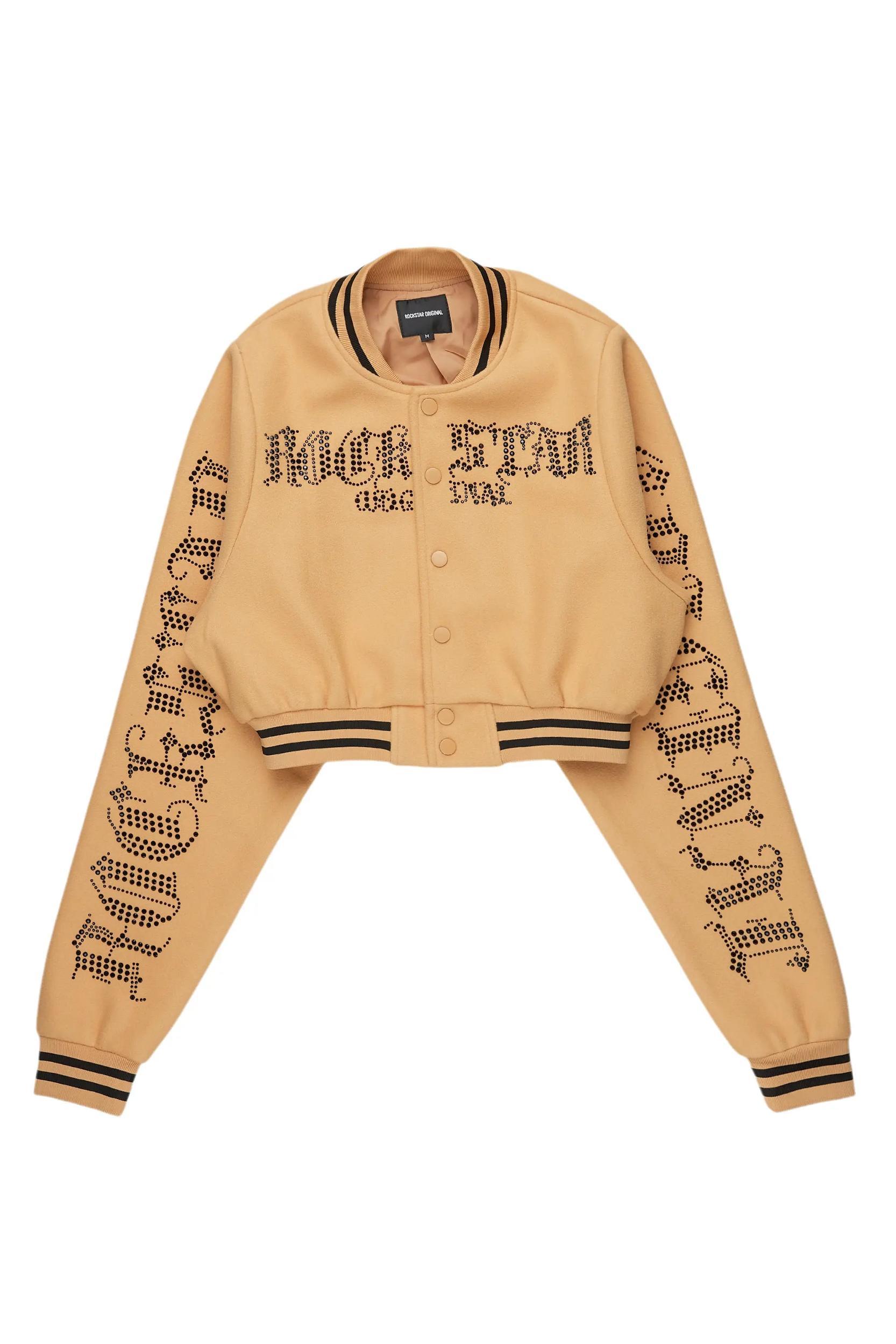 Gianni Tan Crop Rhinestone Varsity Jacket Female Product Image