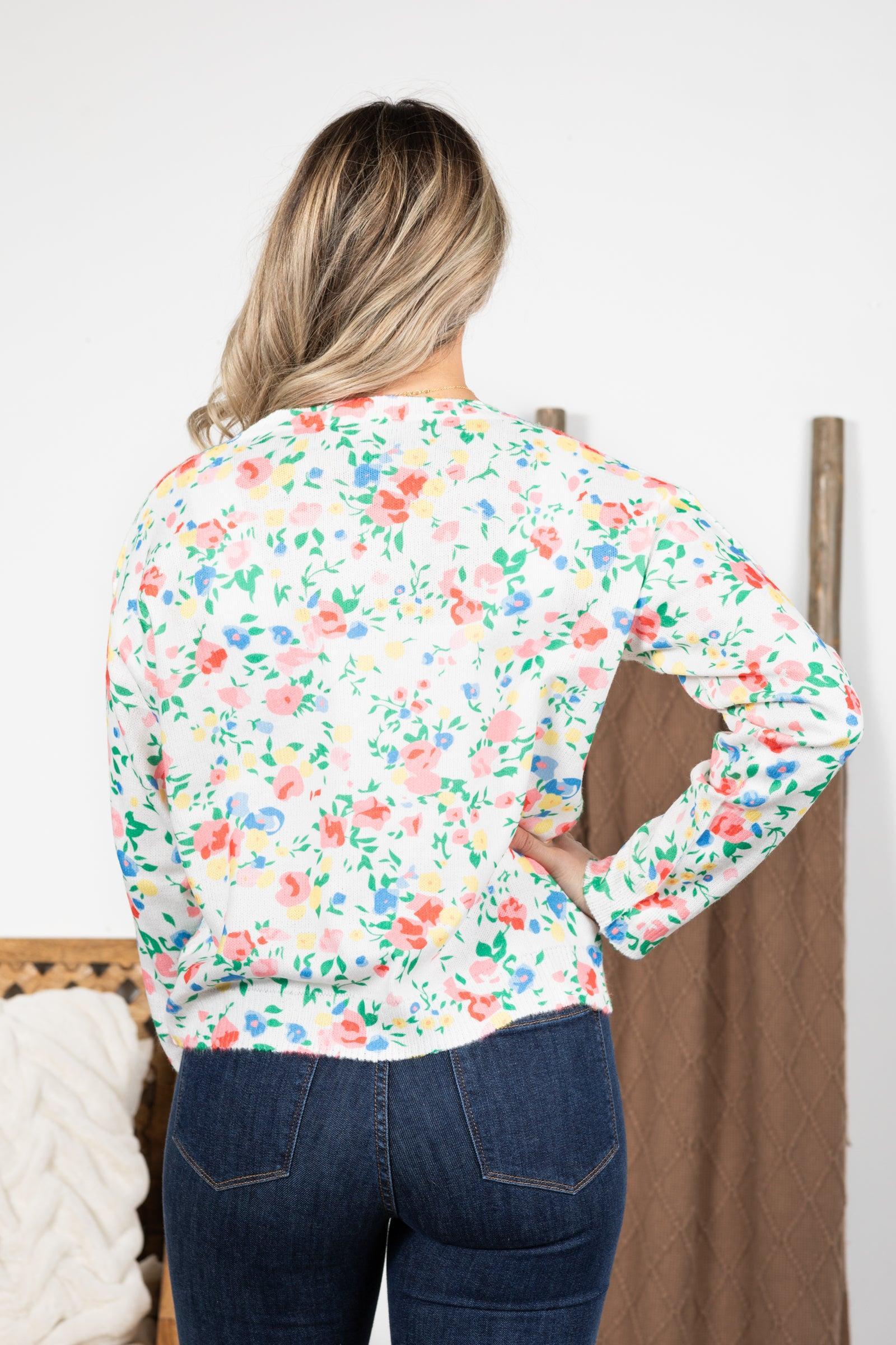 White Multicolor Floral Print Sweater Knit Top Product Image