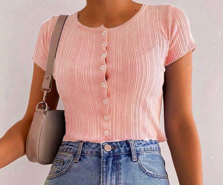 Ribbed Button-Up Short-Sleeve Crop Top Product Image