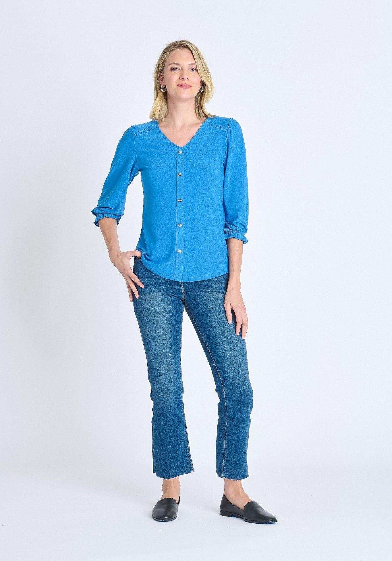 Ruffle 3/4 Sleeve Button Top, Star Sapphire Product Image