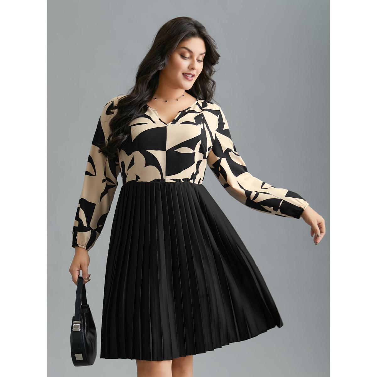 Plus Size Notched Geometric Print Pleated Dress Black Women At the Office Pleated Flat collar with V-notch Long Sleeve Curvy BloomChic 18-20/2X Product Image