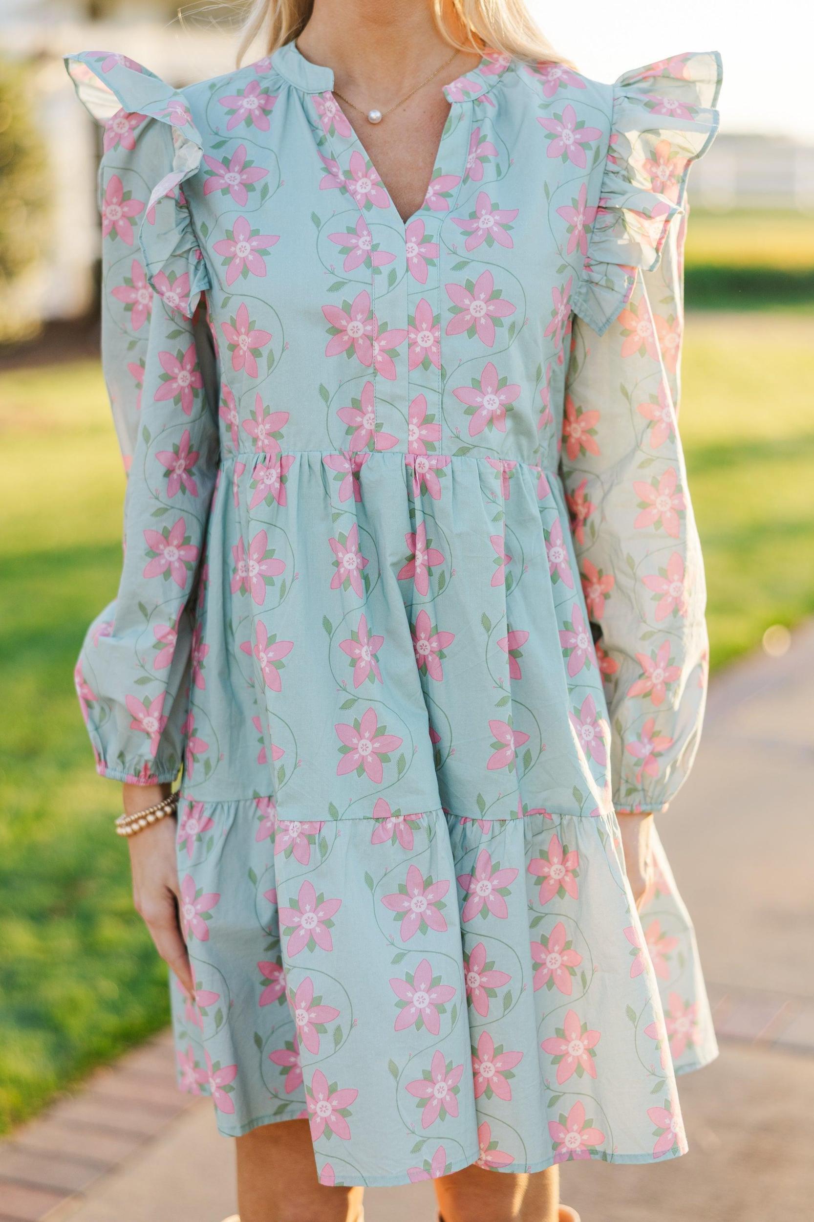 At This Time Light Blue Floral L/S Babydoll Dress Female Product Image