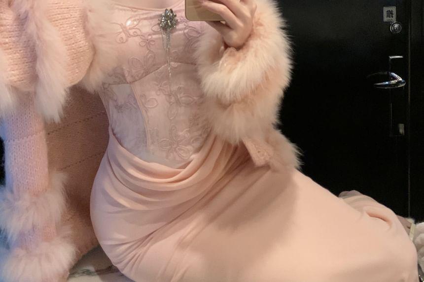 Halter Butterfly Embroidered Ruched Maxi Mermaid Dress / Plain Fluffy Trim Cardigan Product Image