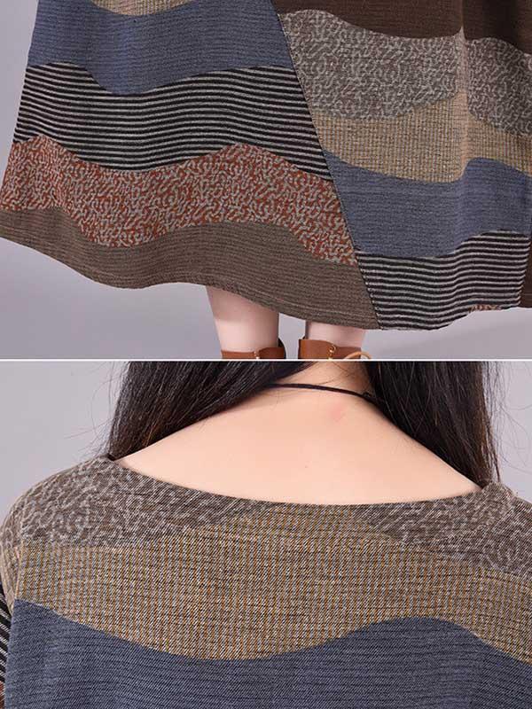 Artistic Retro Loose Ramie Cotton Striped Multi-Colored Round-Neck Long Sleeves Midi Dress Product Image