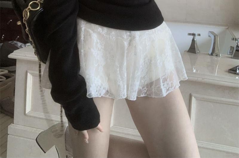 Set: Halter Neck Lace Mini A-Line Dress + Long-Sleeve Off-Shoulder Plain Sheer Knit Top Product Image