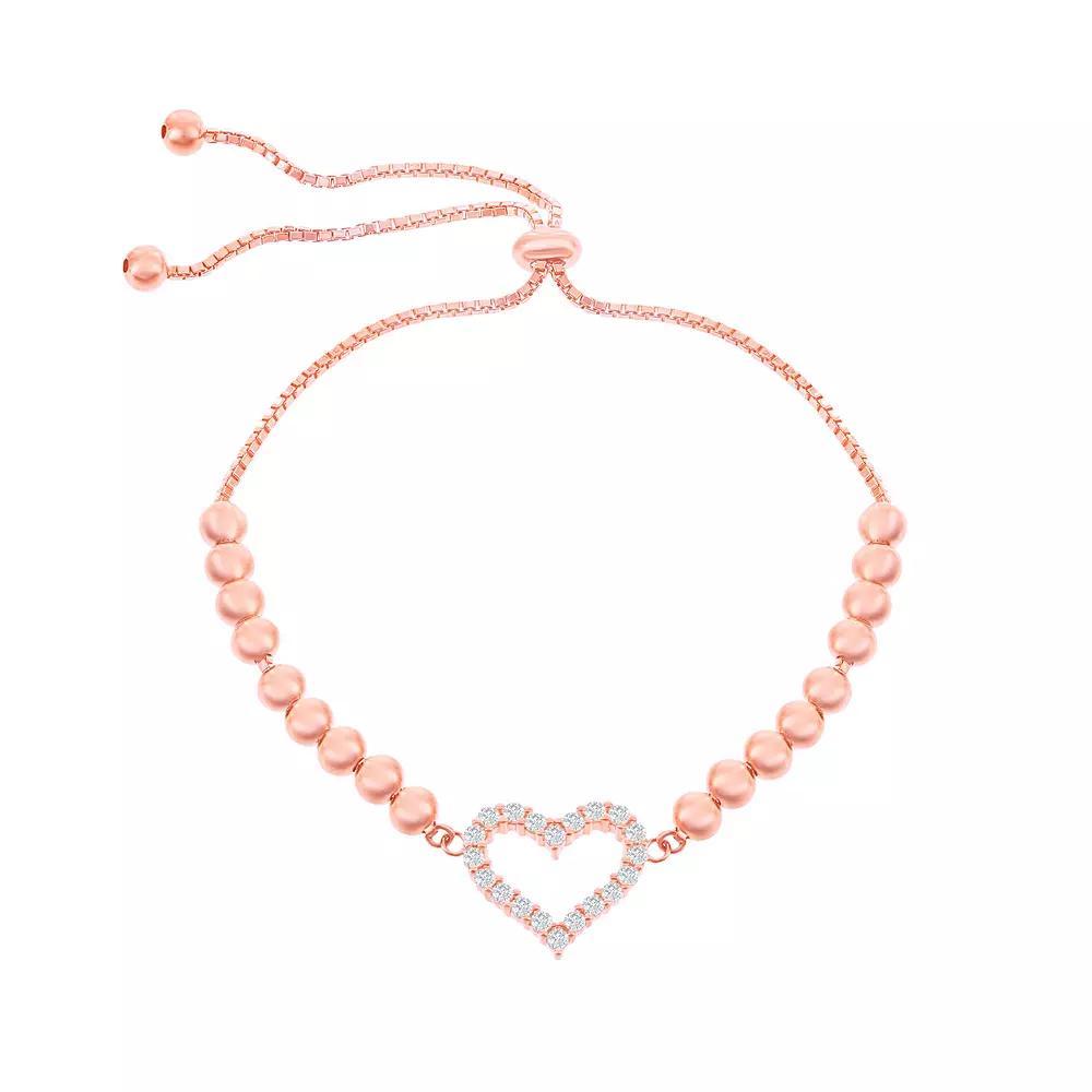 Sterling Silver Cubic Zirconia Heart Beaded Lariat Bracelet, Women's, Size: 5-9" ADJ, Rose Gold Tone Product Image