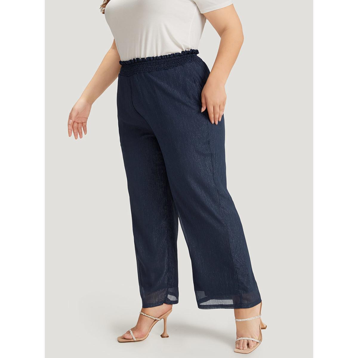 Plus Size Plain Glitter Shirred Waist Pocket Pants Women Indigo Glamour High Rise Going out Pants BloomChic 12/L Product Image