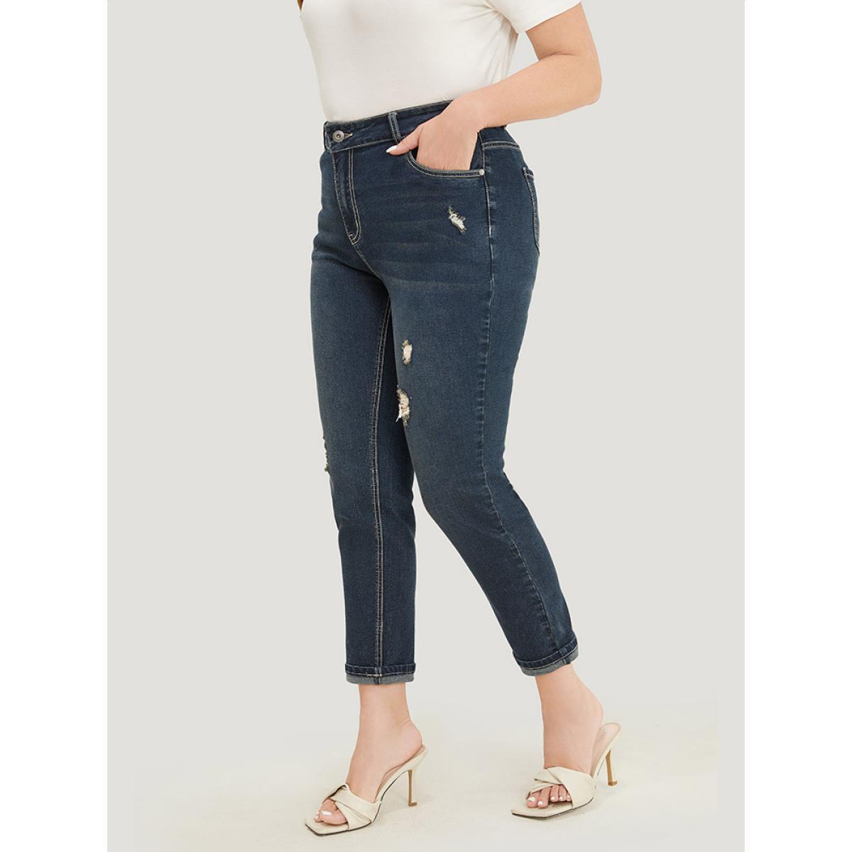 Plus Size Very Stretchy High Rise Dark Wash Distressed Stitch Jeans Women Midnight Casual Plain Roll Hem High stretch Jeans BloomChic 22/3X Product Image