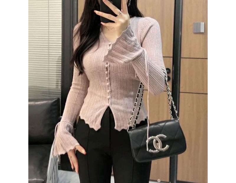 Long Sleeve V-Neck Plain Button Tie-Up Knit Top Product Image