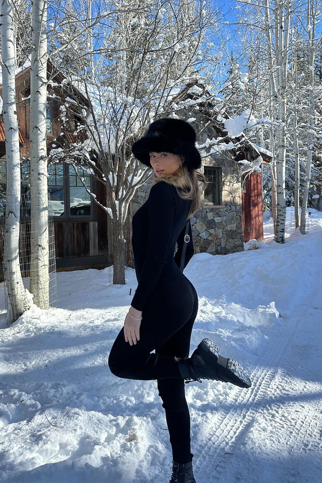 Apres Faux Fur Trimmed Black Ribbed Knit Jumpsuit Product Image