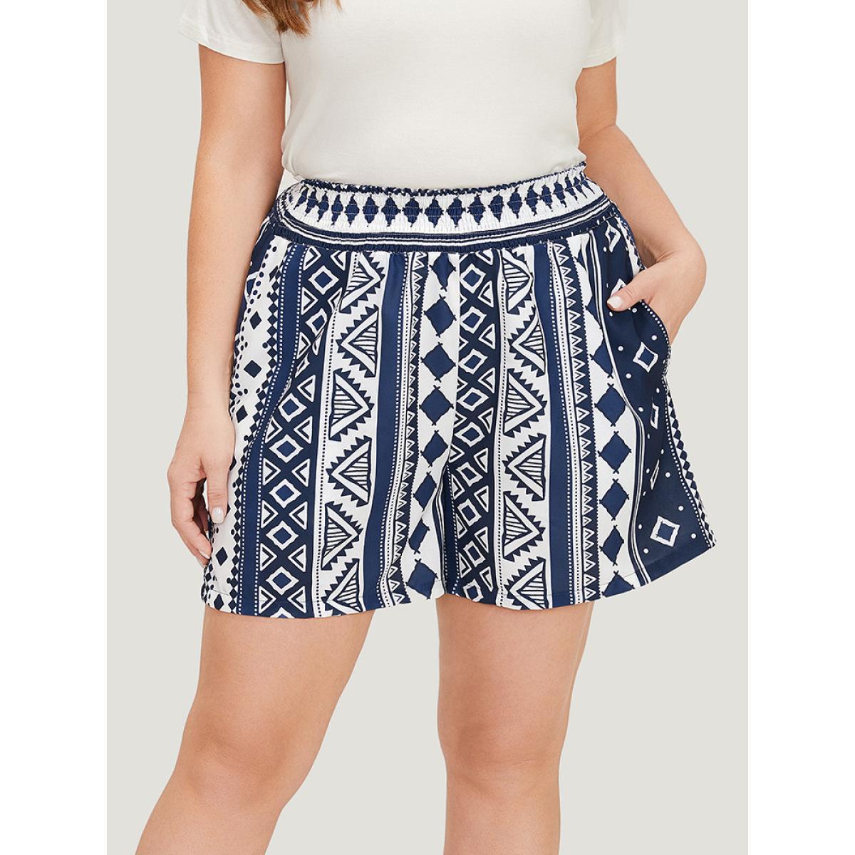 Plus Size Bandana Shirred Waist Pocket Shorts Women Blue Vacation Pocket Dailywear Shorts BloomChic 12/L Product Image