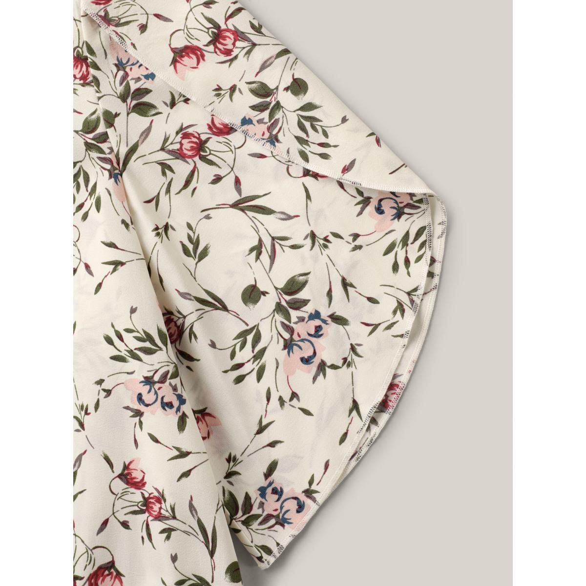 Plus Size Ivory Floral Print Petal Sleeve Pleated Blouse Women Elegant Elbow-length sleeve Round Neck Everyday Blouses BloomChic 26/4X Product Image