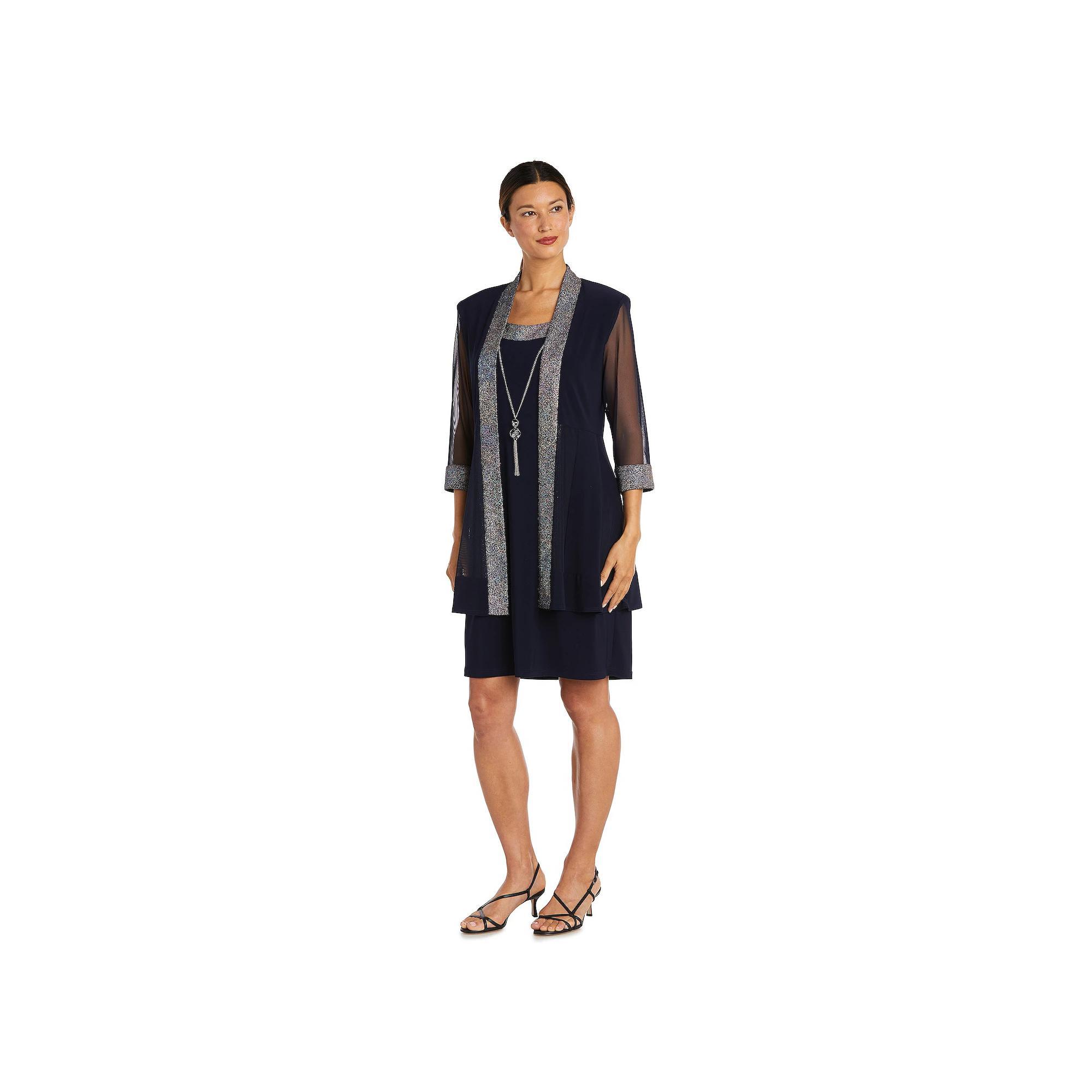 Women's R&M Richards 3-pc. Foil Texture Knit Jacket, Dress & Necklace Set, Size: 16, Blue Product Image