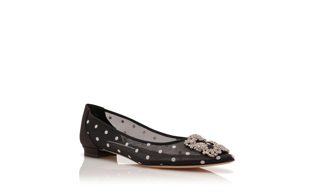 HANGISIFLAT Black and White Mesh Jewel Buckle Flat Pumps Product Image