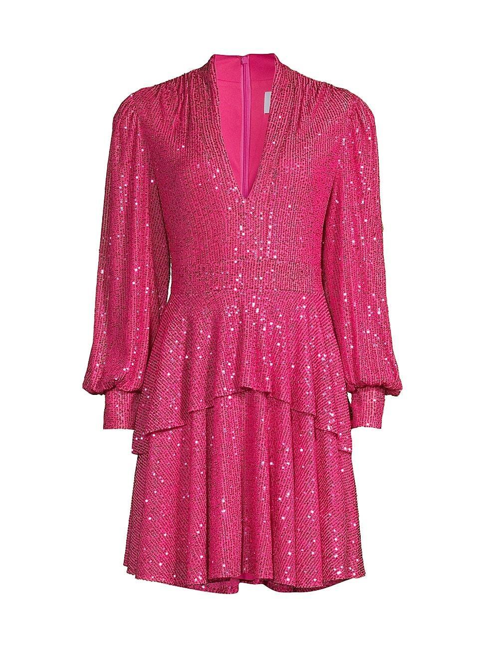 Womens Sequined Long-Sleeve Tiered Minidress Size 0 Product Image