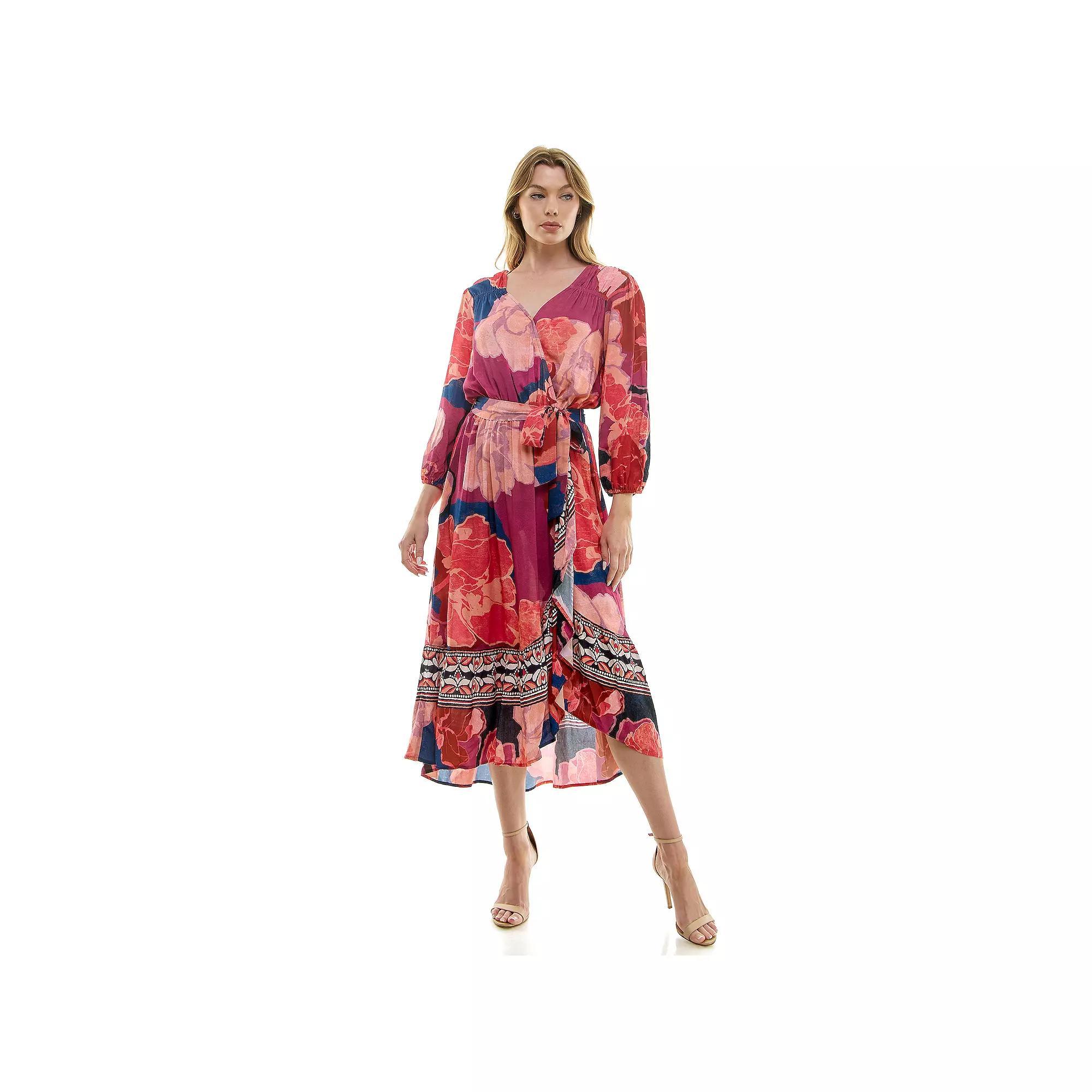 Women's Figueroa & Flower Belted Faux Wrap Maxi Dress, Size: Medium, Red Blue Product Image