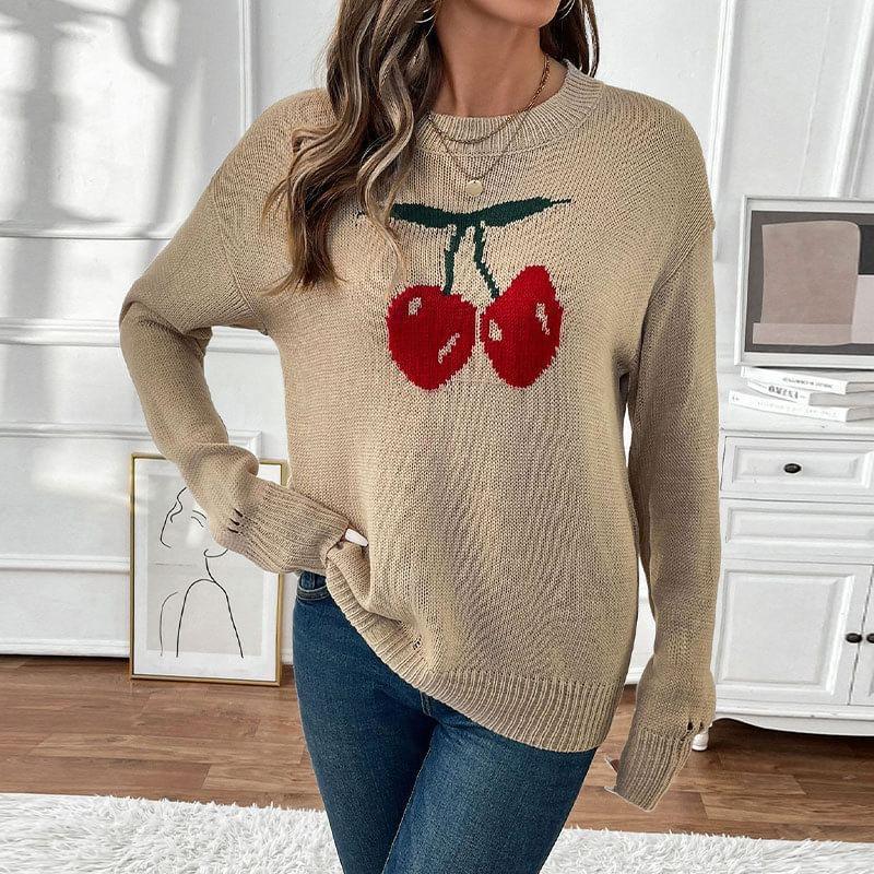 Drop Shoulder Round Neck Cherry Print Sweater Product Image
