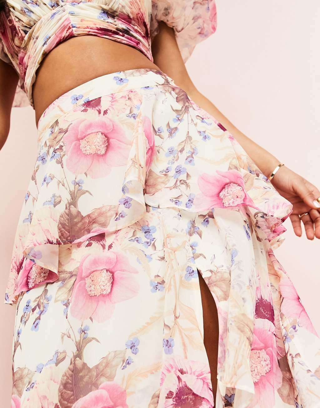 ASOS LUXE ruched wrap tiered maxi skirt Product Image