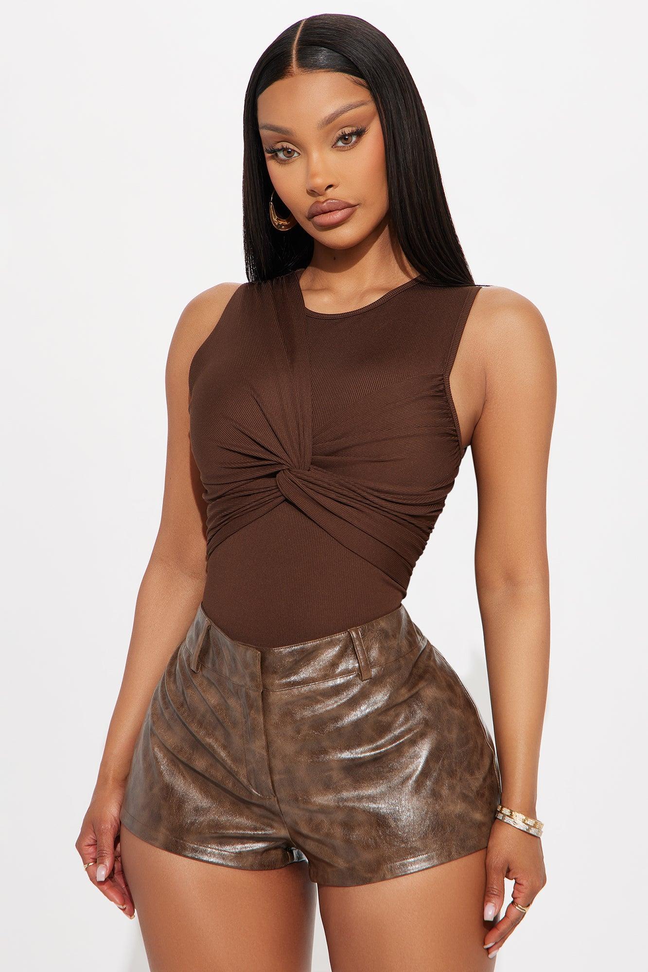 With A Twist Ribbed Bodysuit - Chocolate Female Product Image