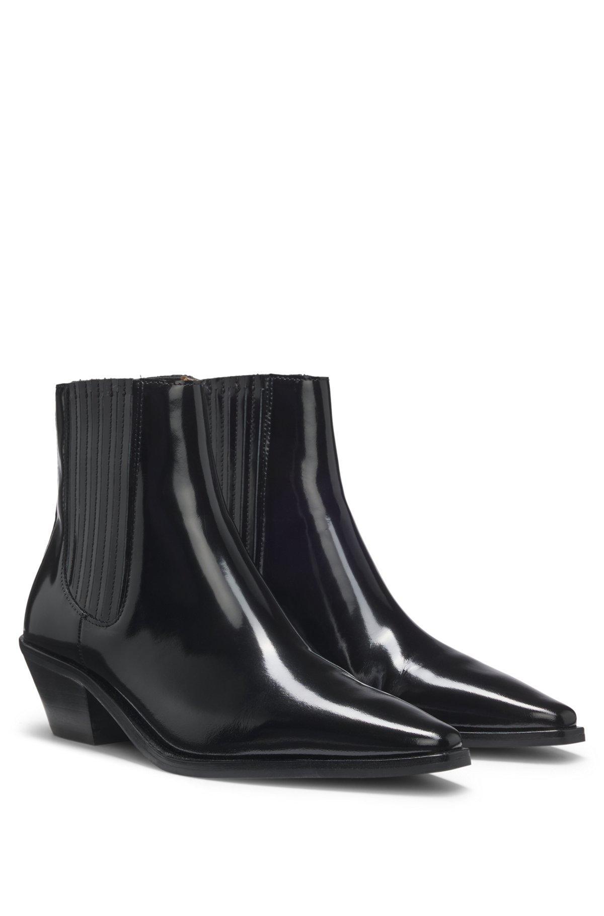 BOSS - Cuban-heel ankle boots in polished leather - Black Product Image