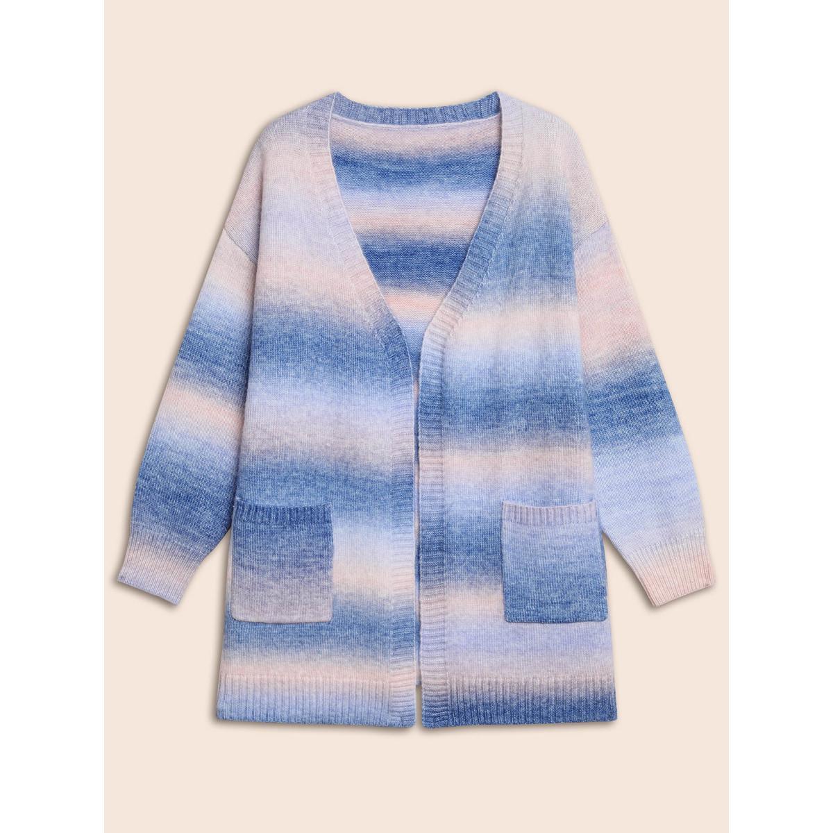Plus Size Ombre Kimono Collar Patched Pocket Cardigan Multicolor Women Casual Loose Long Sleeve Everyday Cardigans BloomChic 10/M Product Image