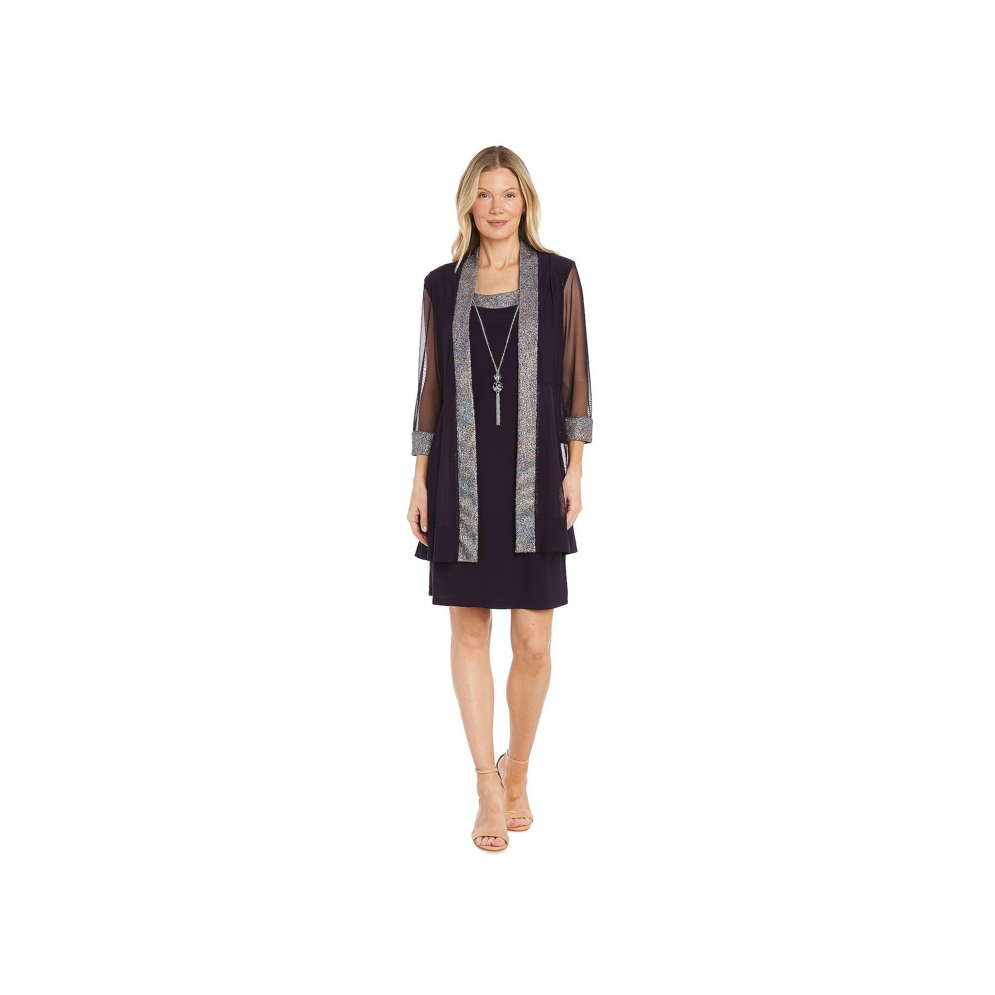 Women's R&M Richards 3-pc. Foil Texture Knit Jacket, Dress & Necklace Set, Size: 16, Blue Product Image