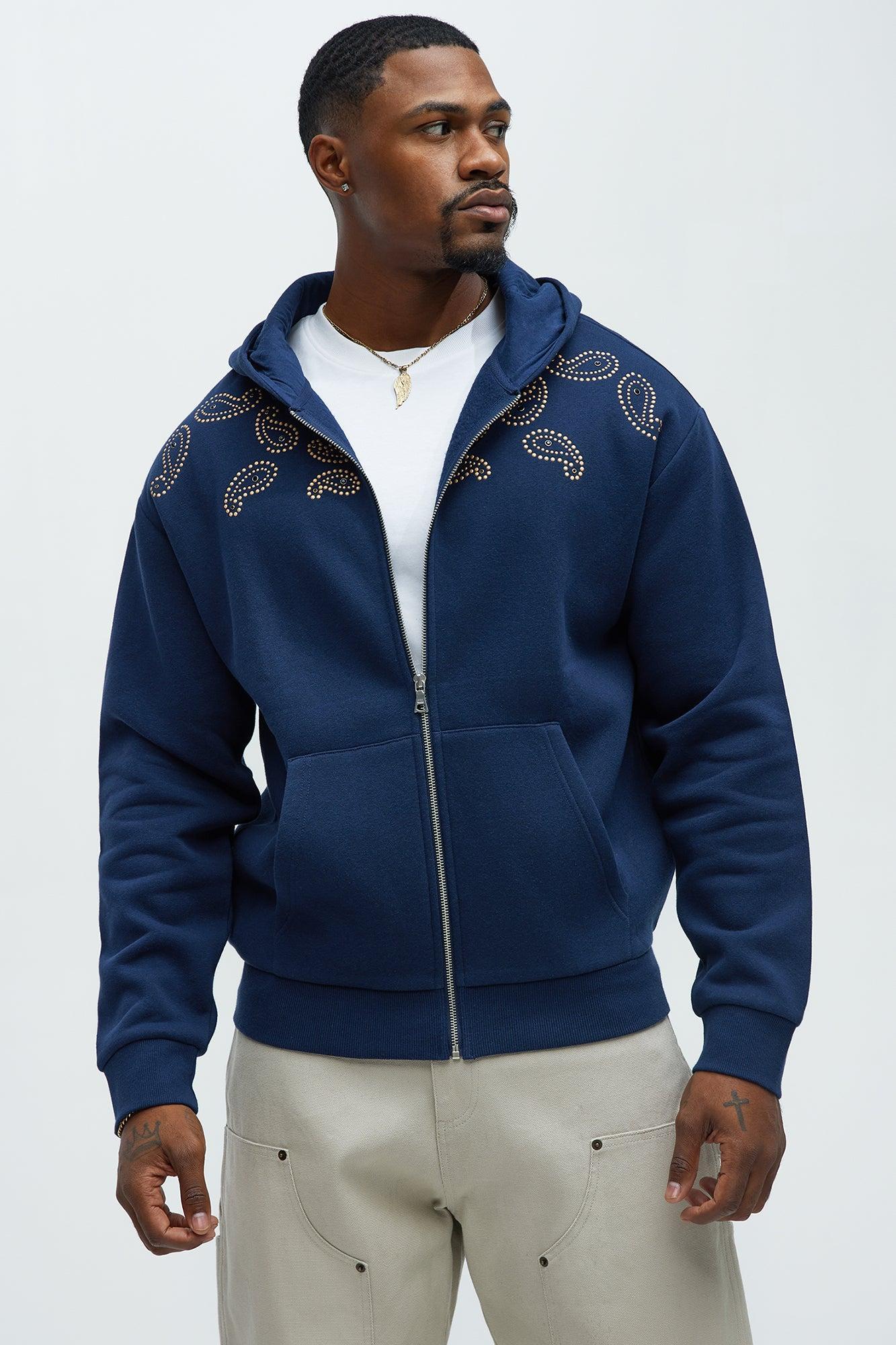 Tyson Paisley Studded Zip Up Hoodie - Navy Product Image