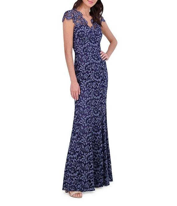 Eliza J Illusion Lace Neck Cap Sleeve V-Neck Mermaid Gown Product Image