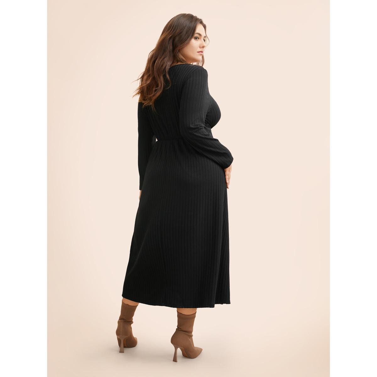 Plus Size Square Neck Rib Knit Drawstring Dress Black Women Elegant Texture Square Neck Long Sleeve Curvy BloomChic 26/4X Product Image