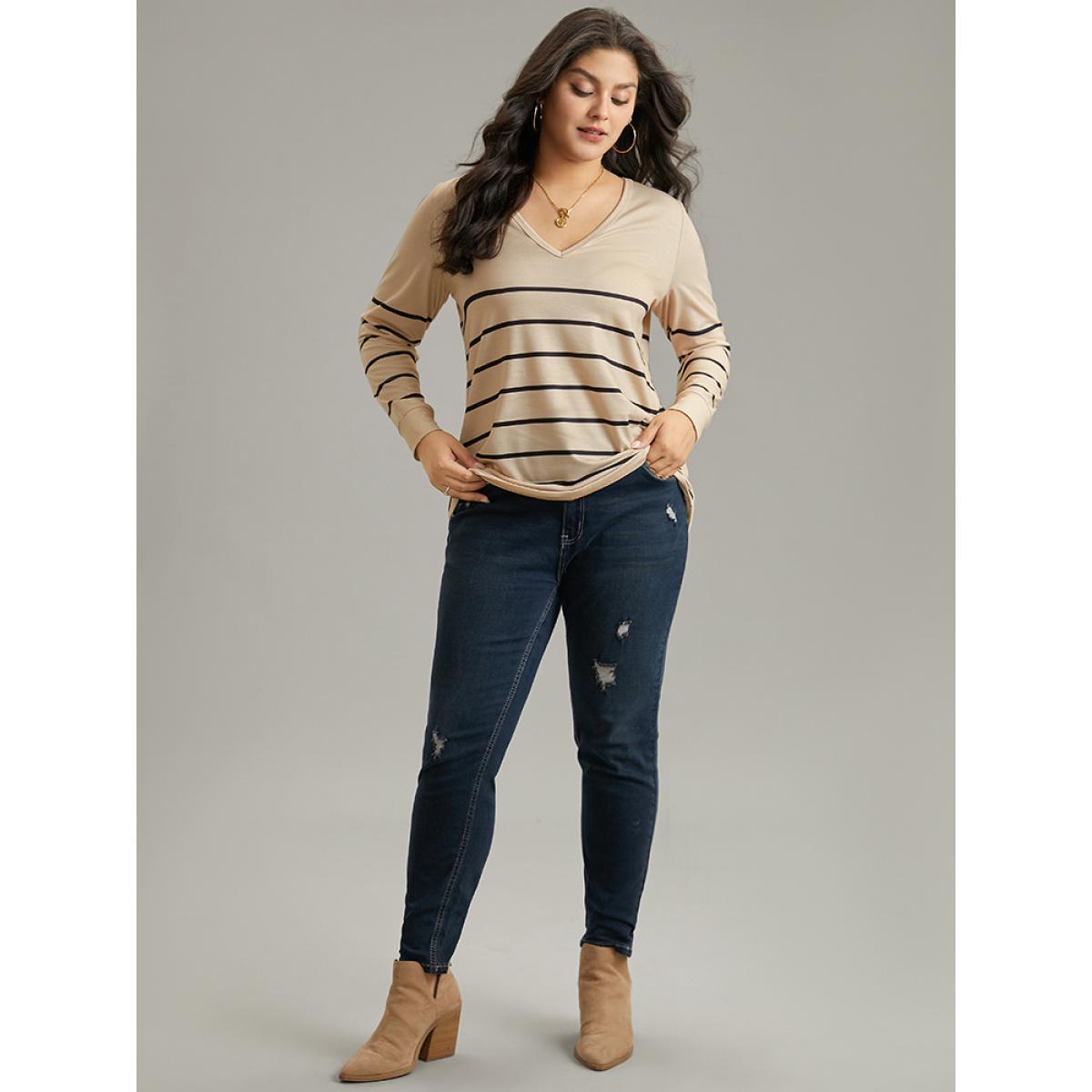 Plus Size Striped Print V Neck T-Shirt Tan Women Casual Printed Striped V-neck Dailywear T-shirts BloomChic 18-20/2X Product Image