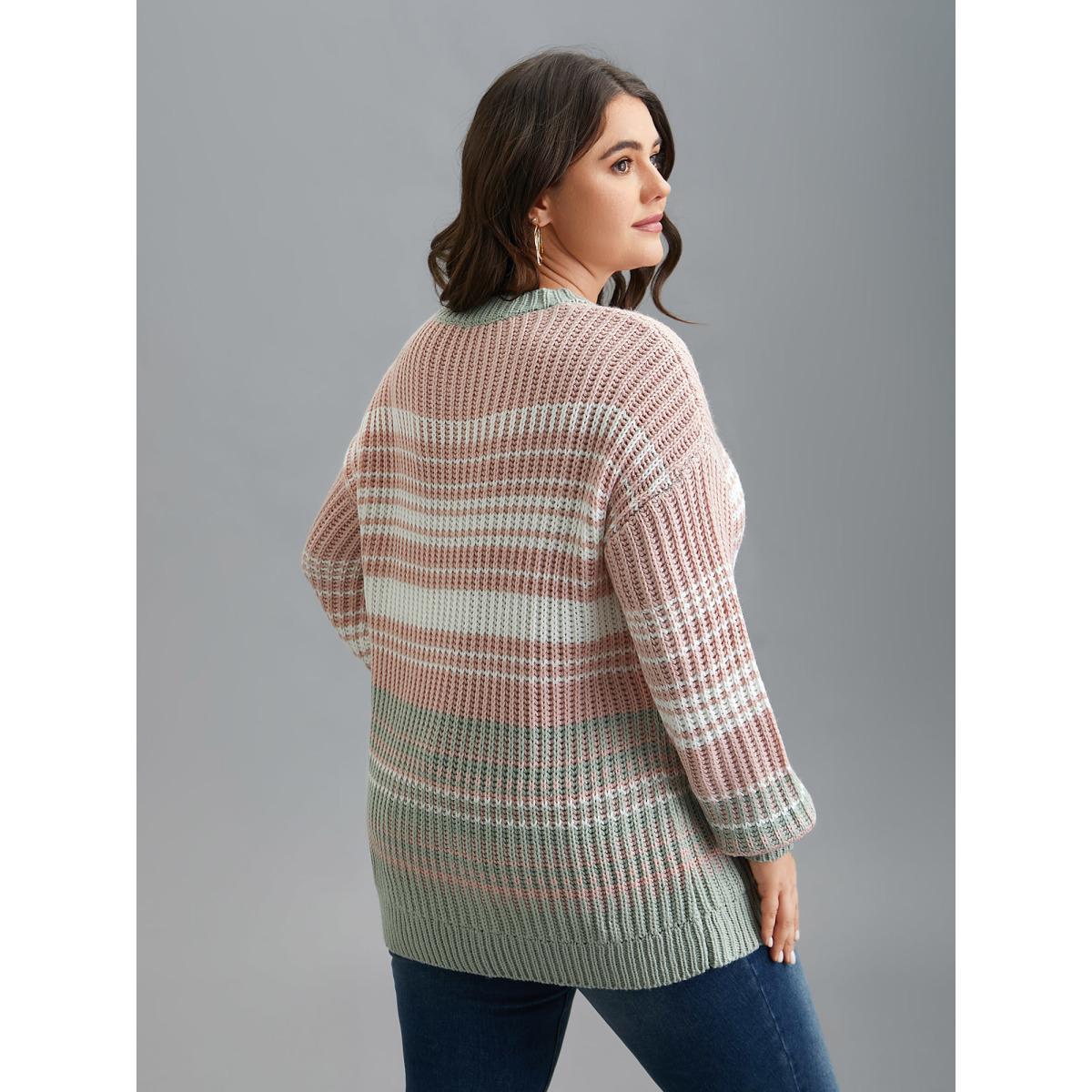 Plus Size Striped Contrast Colors Ribbed Pullover Greenbean Women Casual Loose Long Sleeve Round Neck Everyday Pullovers BloomChic 12/L Product Image