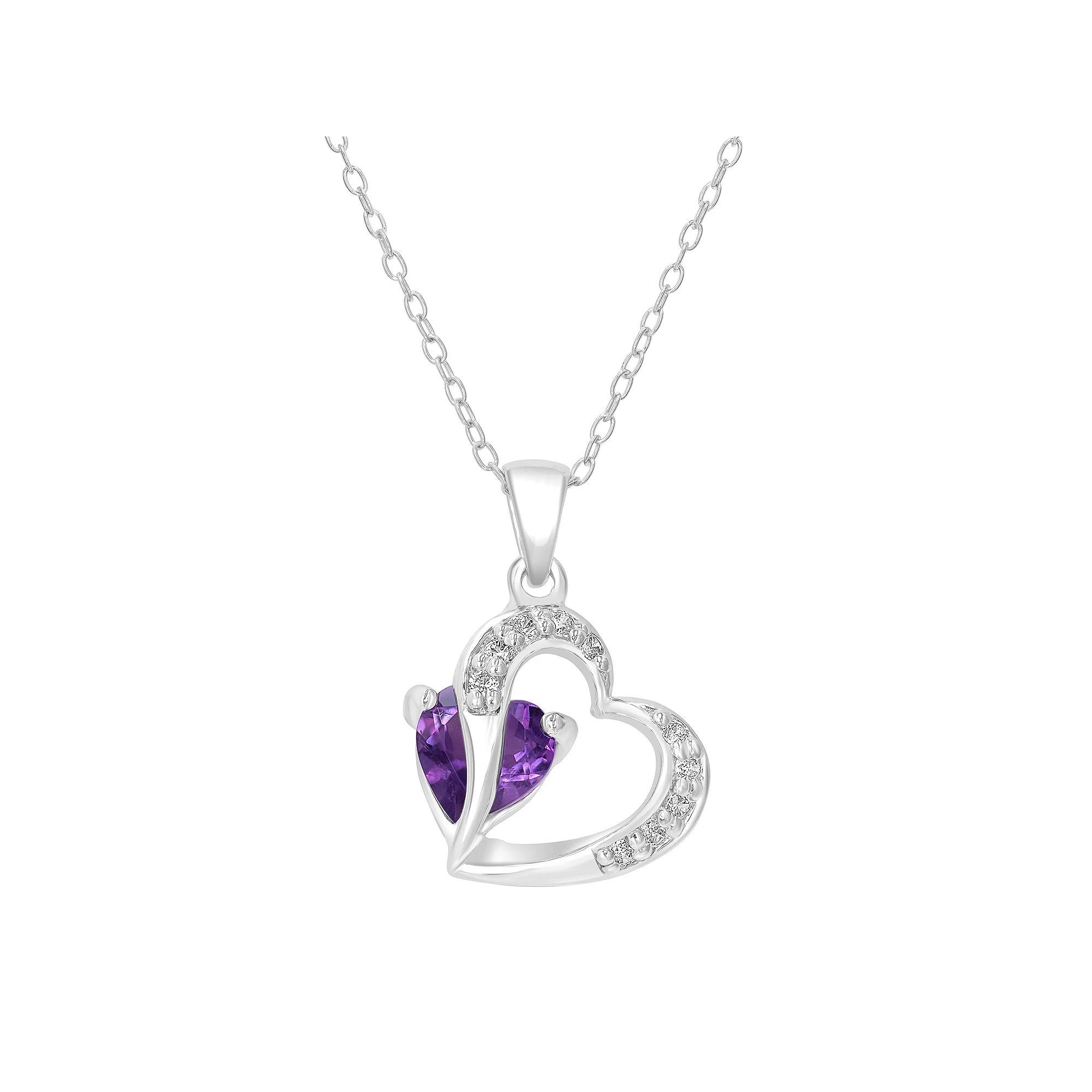 Gemistry Sterling Silver Stone & Cubic Zirconia Heart Pendant Necklace, Women's, Size: 18-20" ADJ, Purple Product Image