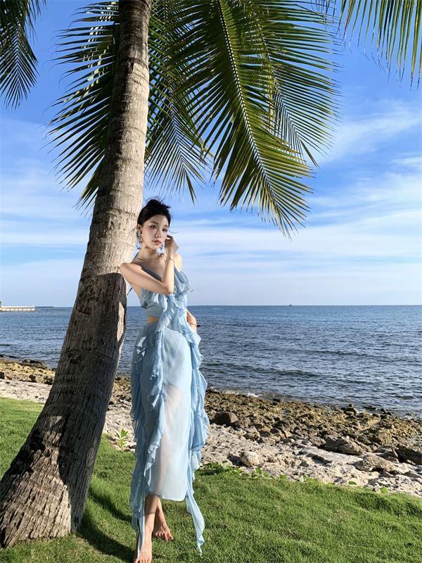Halter Neck Plain Ruffle Trim Cutout Maxi Sun Dress Product Image