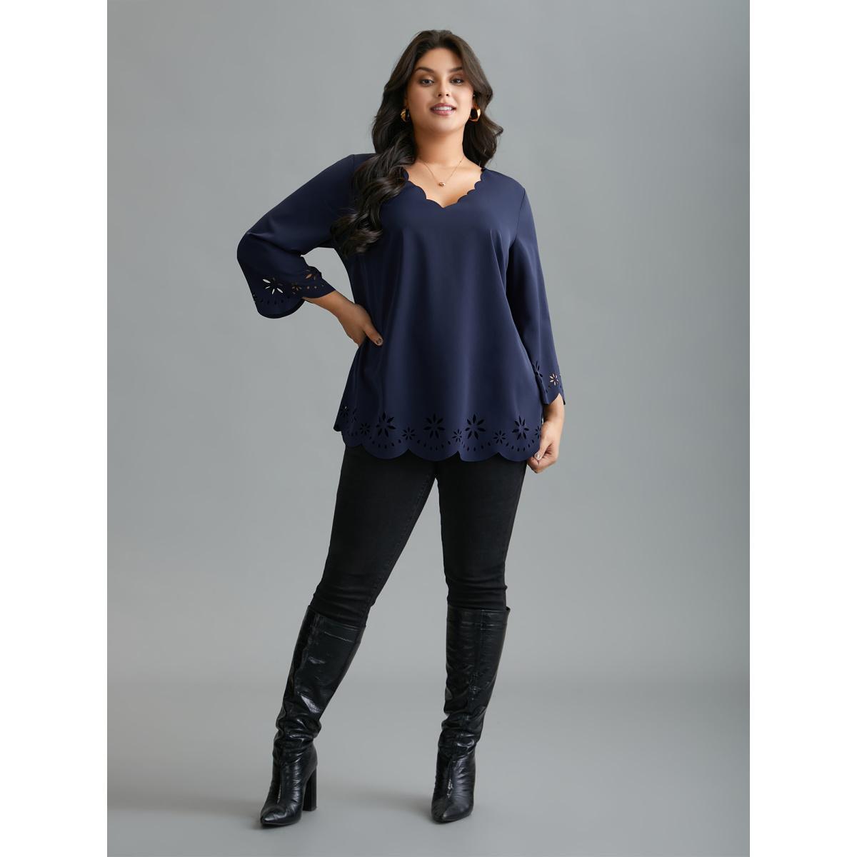 Plus Size Indigo Laser Cut Design V-Neck Blouse Women At the Office Three Quater Length Sleeve V-neck Work Blouses BloomChic 22-24/3X Product Image