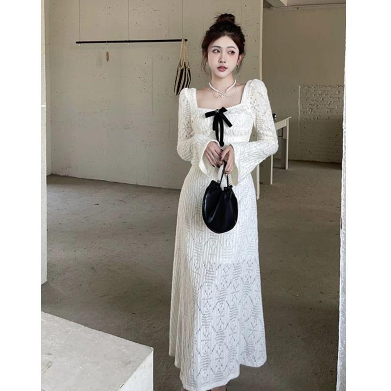 Long Sleeve Square Neck Bow Frill Maxi A-Line Dress Product Image