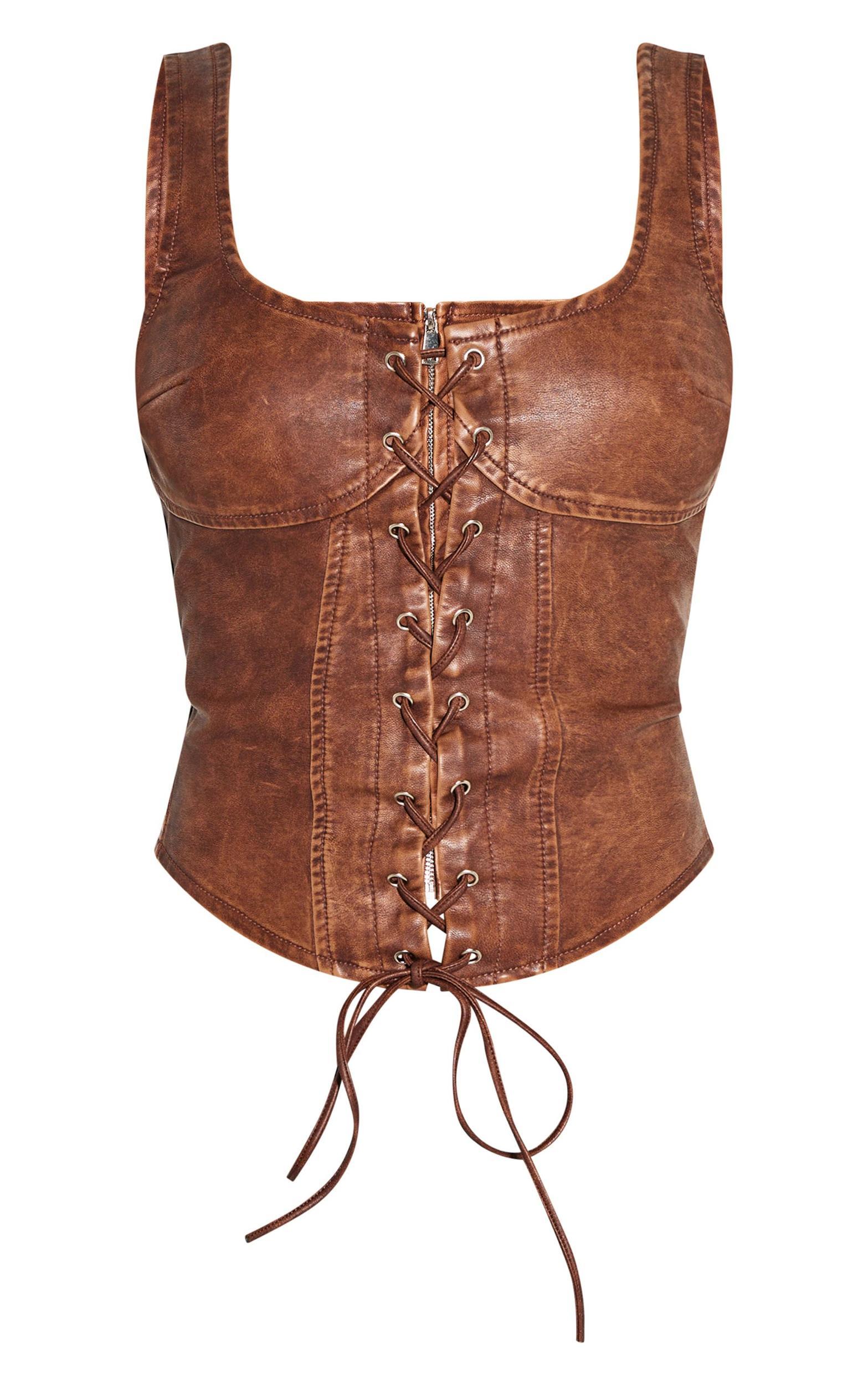 Chocolate Washed Faux Leather Lace Up Corset Product Image