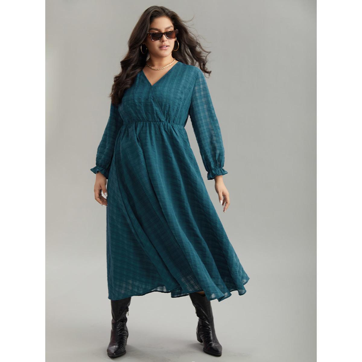 Plus Size Plaid Wrap Elastic Waist Gathered Ruffles Dress Cyan Women Casual Plain V-neck Long Sleeve Curvy Midi Dress BloomChic 30/6X Product Image