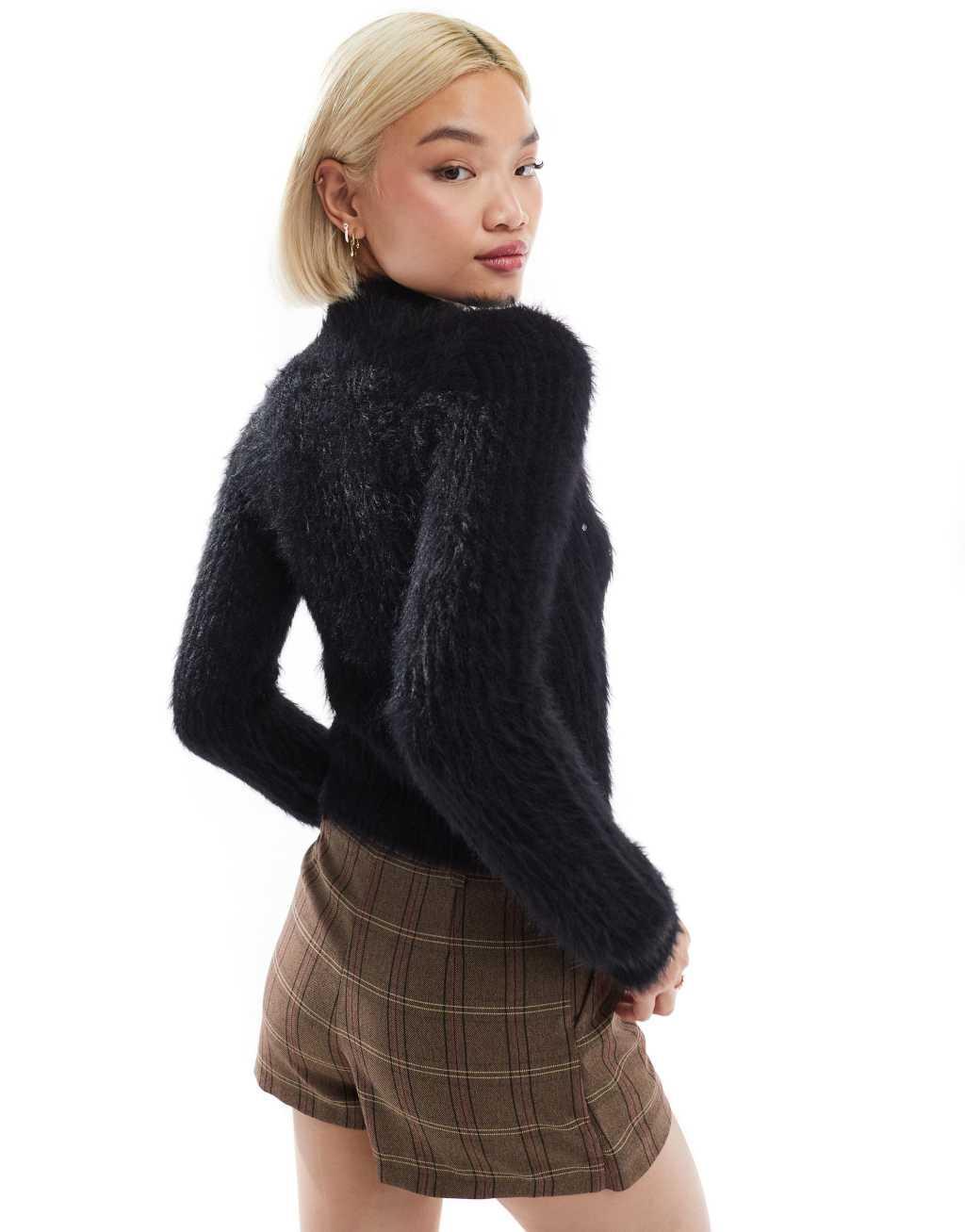 Miss Selfridge embellished lash funnel neck long sleeve sweater in black Product Image