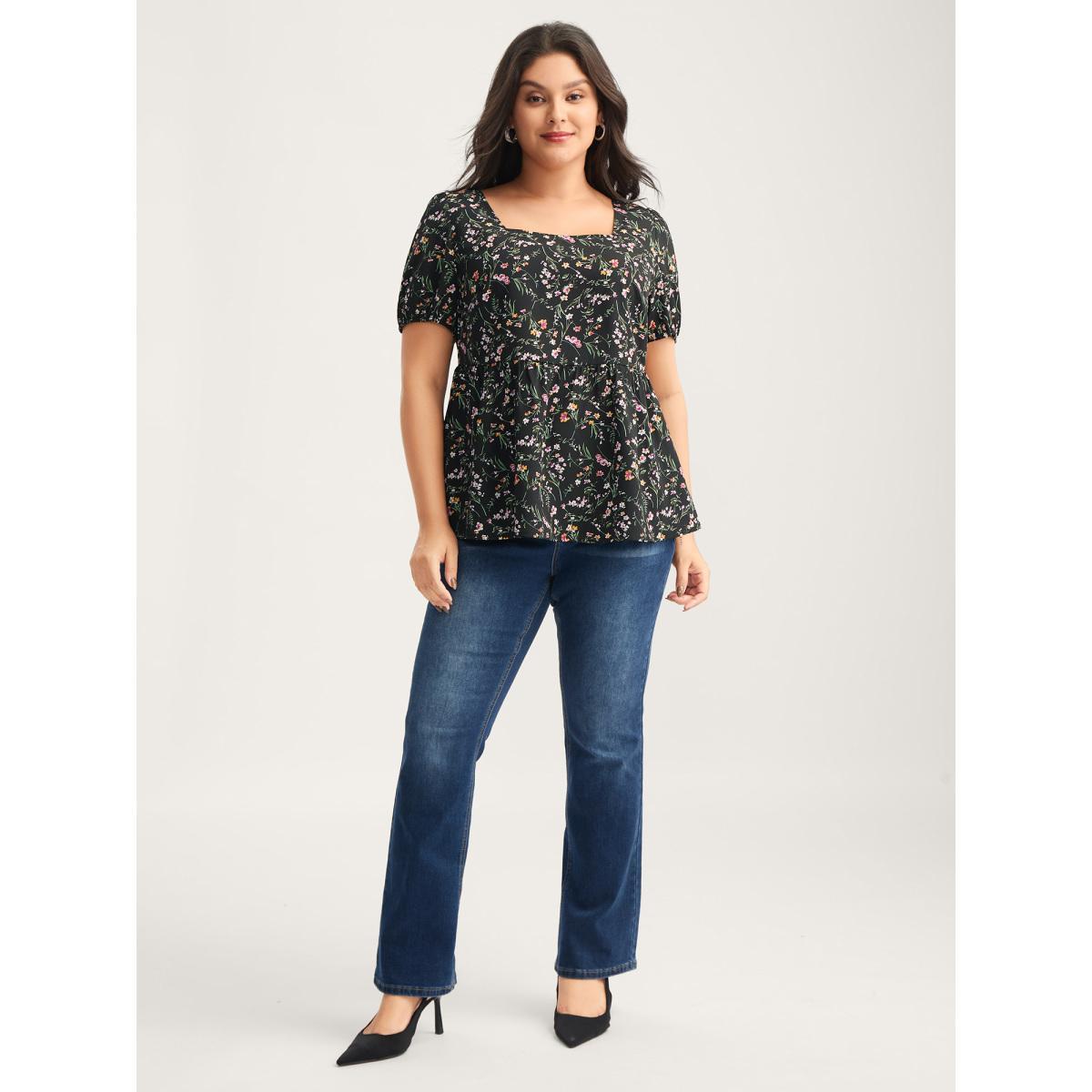 Plus Size Black Floral Print Bow Back Detail Blouse Women Short sleeve Square Neck Everyday-Elegant Blouses BloomChic 28/5X Product Image