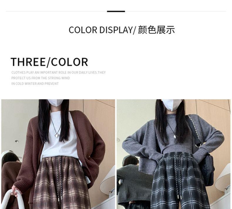 Drawstring Waist Plaid Fleece-Lined Wide Leg Pants Product Image