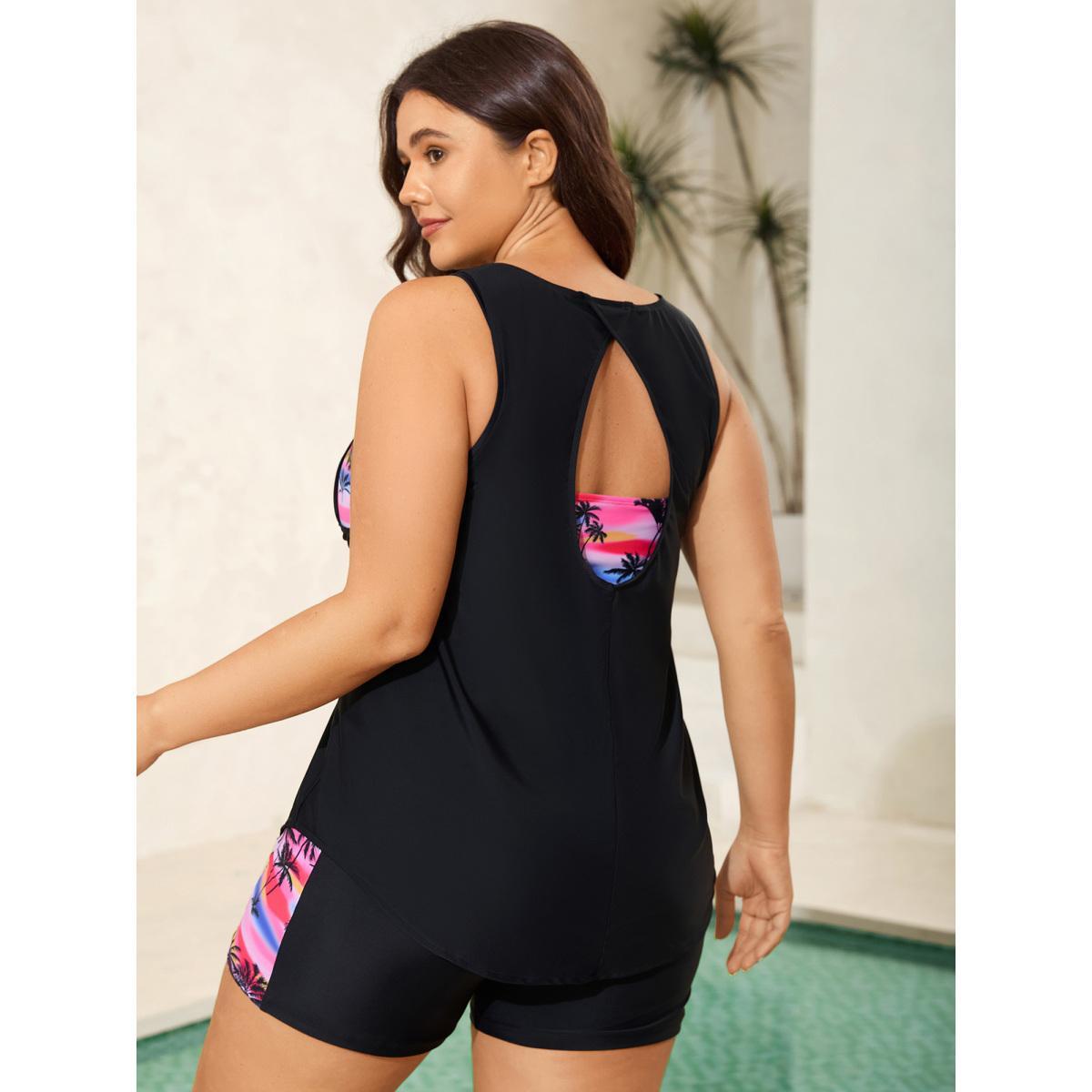 Plus Size Two-Piece Tropical Print Contrast Swim Top Women's Swimwear Black Beach Contrast High stretch Bodycon U-neck Curve Swim Tops BloomChic 28/5X Product Image