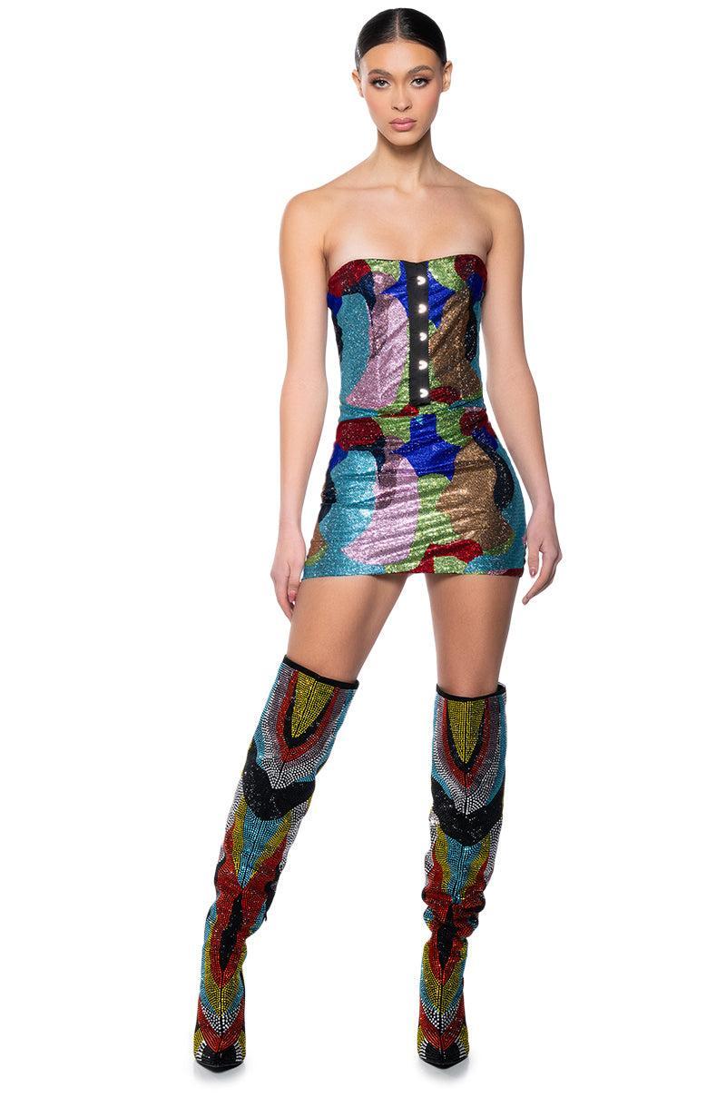 WORK OF ART RHINESTONE MINI DRESS IN MULTI Product Image